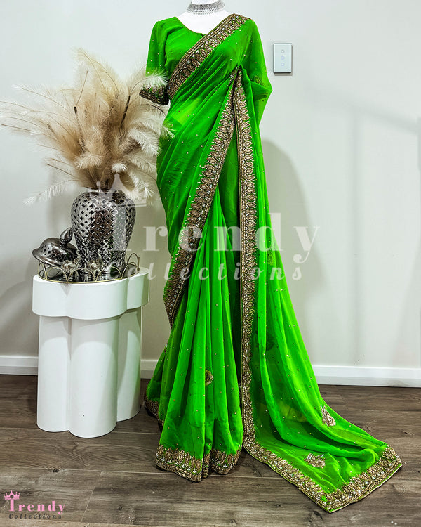 Mint Green Classy Saree Set With Golden Beads Work Border (Sizes 34 - 36 available)