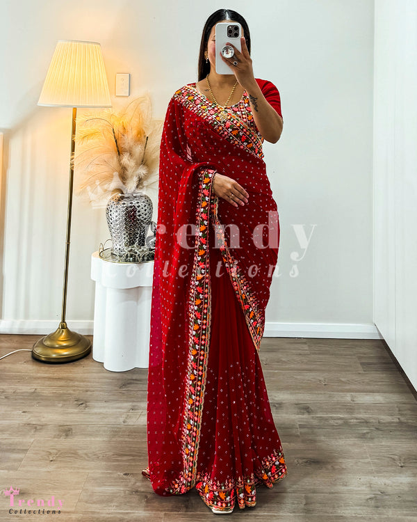 Red Multiple Thread Work Saree Set (Sizes 30 - 36 available)