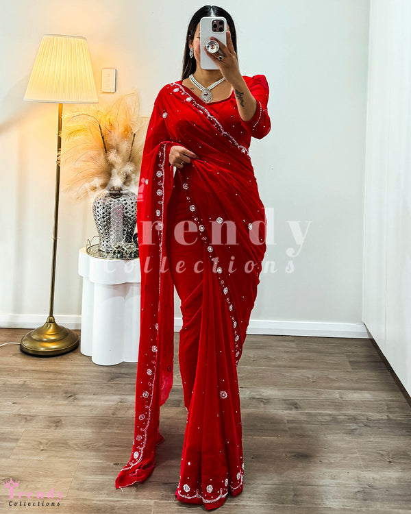 Red Partywear Saree Set with Silver Beads Handwork (Sizes 34 - 40 available)