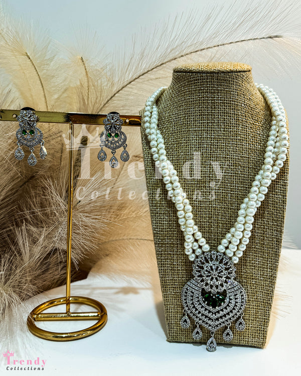 Pearl Necklace and Earring Set with Silver and Green Gemstone Detailing