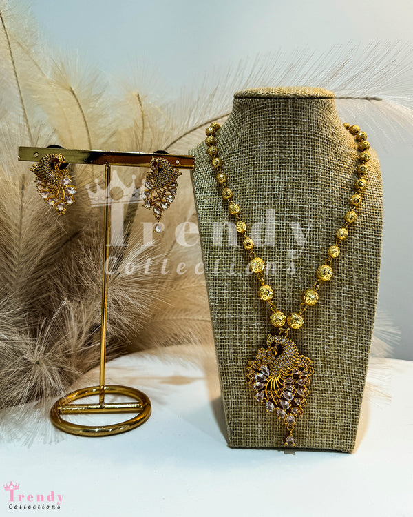 Golden Ball Necklace With Peacock Pendant and Earring Set with White Gemstones