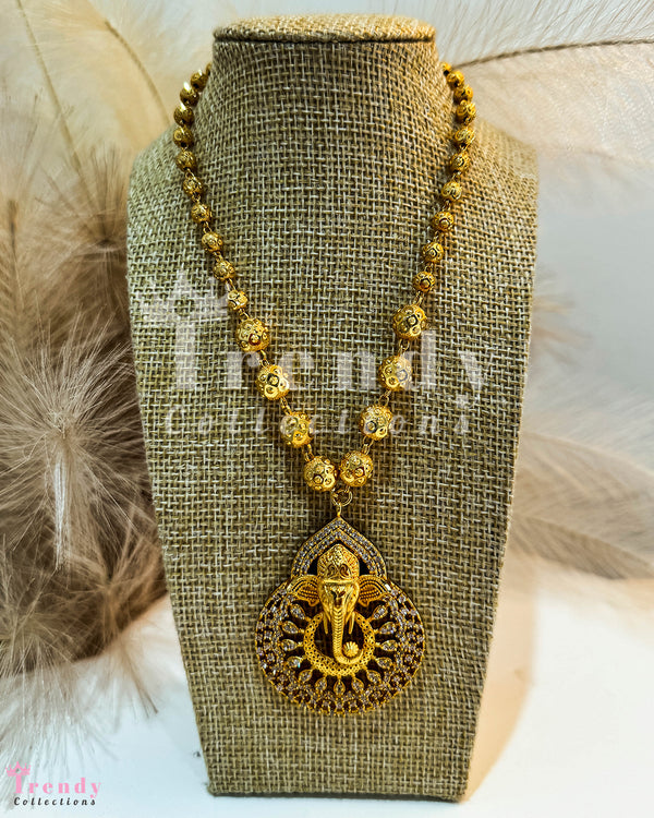 Golden Ball Necklace With Lord Ganesh Pendant with White Gemstones