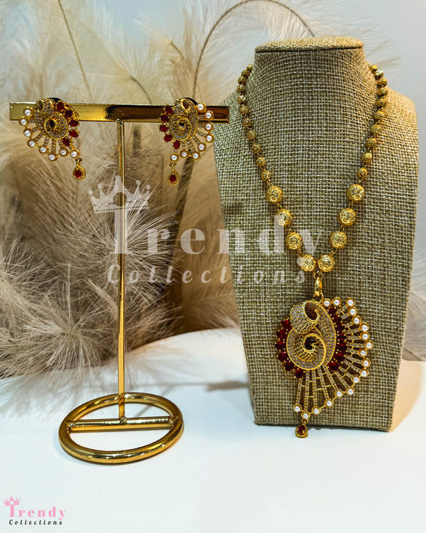 Golden Ball Necklace With Peacock Pendant and Earring Set with Red Gemstones