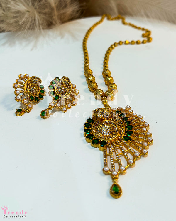 Golden Ball Necklace With Peacock Pendant and Earring Set with Green Gemstones