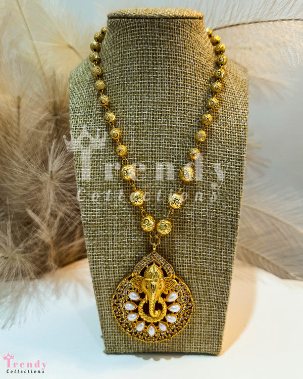 Golden Ball Necklace With Lord Ganesh Pendant with Pearl Gemstones