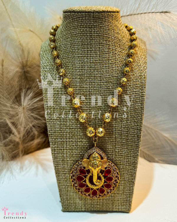 Golden Ball Necklace With Lord Ganesh Pendant with Red Gemstones