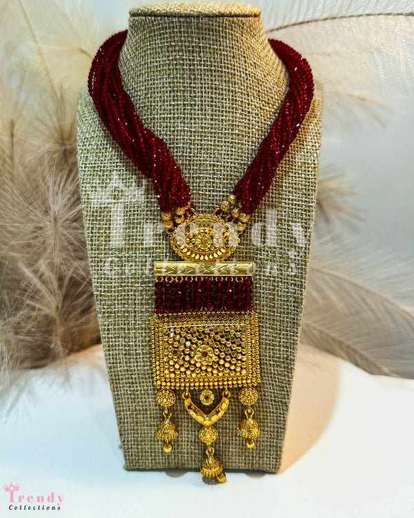 Red Potey ( Beads)  Gold Plated Necklace with Rani Haar Pendant