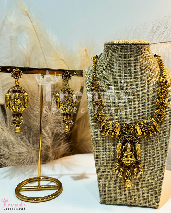 Golden Elephant Necklace With Mahalaxmi Pendant and Earring Set