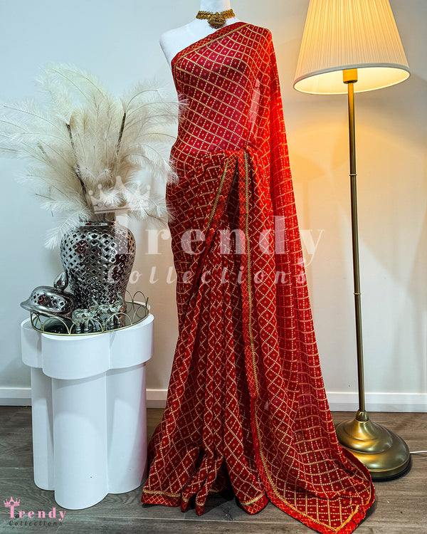 Red Light Weight Bandhani Print Saree with Pico