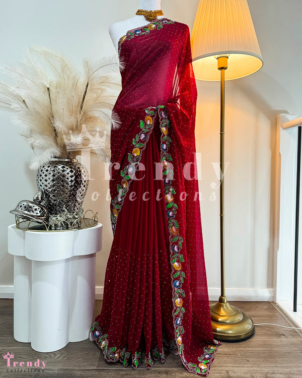 Wine Colour Chiffon Saree with Swarovski Detailing & Floral Border