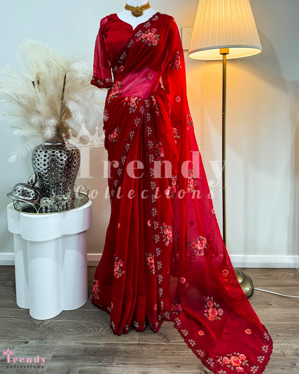 Light Partywear Saree Set Floral Thread & Sequin Work - Red  (Sizes 30 - 38 available)