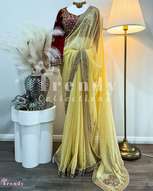 Partywear Saree Set with Zari, Sequin and Pearl Work - Light Yellow & Maroon  (Sizes 32 - 38 available)