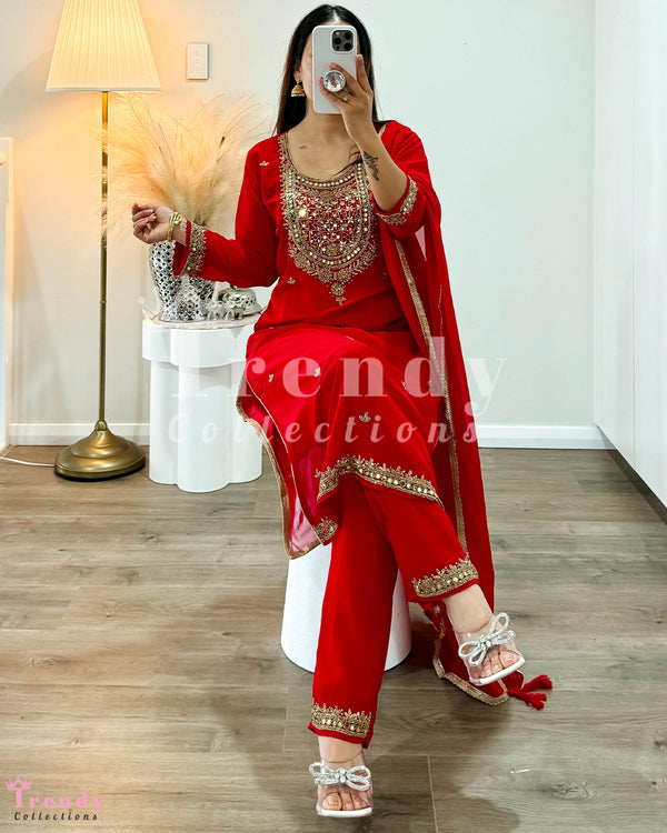 Georgette Kurtha Set with Heavy Stone Work - Red (Sizes 40-46Available)