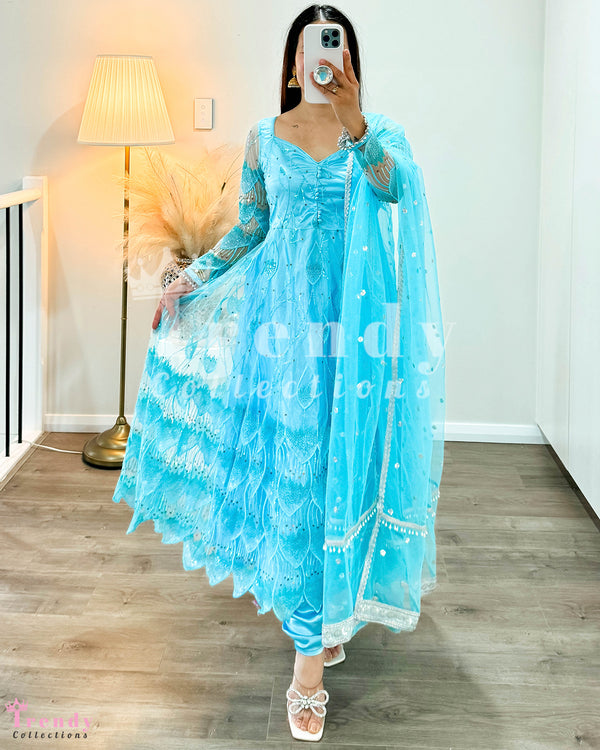 Net Designer Anarkali Set with Thread & Sequin Work - Acqua Blue ( Size 34 - 42 available)