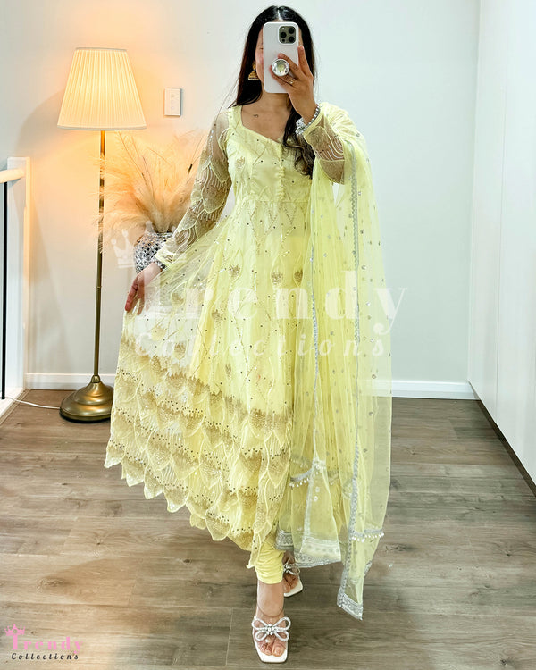 Net Designer Anarkali Set with Thread & Sequin Work - Light Yellow ( Size 34 - 42 available)