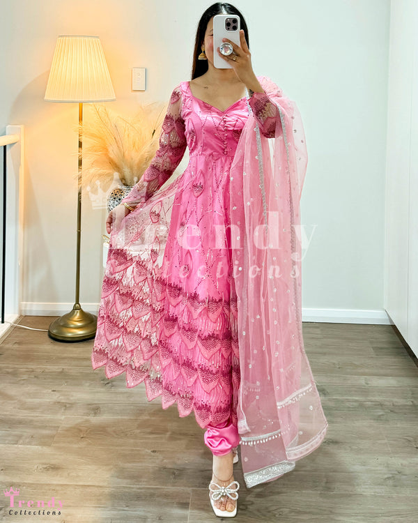 Net Designer Anarkali Set with Thread & Sequin Work - Hot Pink ( Size 34 - 42 available)