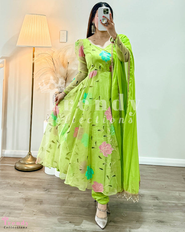 Green Organza Anarkali Set with Floral Prints ( Sizes 32 to 40)