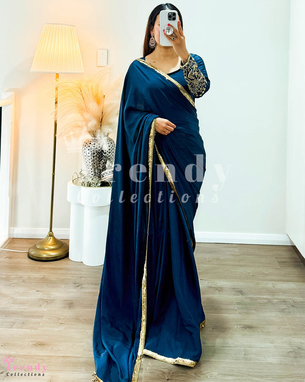 Trendy Designer Saree Set with Beads & Sequin Handowrk - Navy Blue  (Sizes 32 - 42  available)