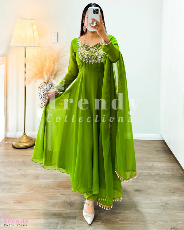 Soft Georgette  Anarkali Set with  Beads & Sequin Hand Embroidery - Green (Sizes 34 - 42)