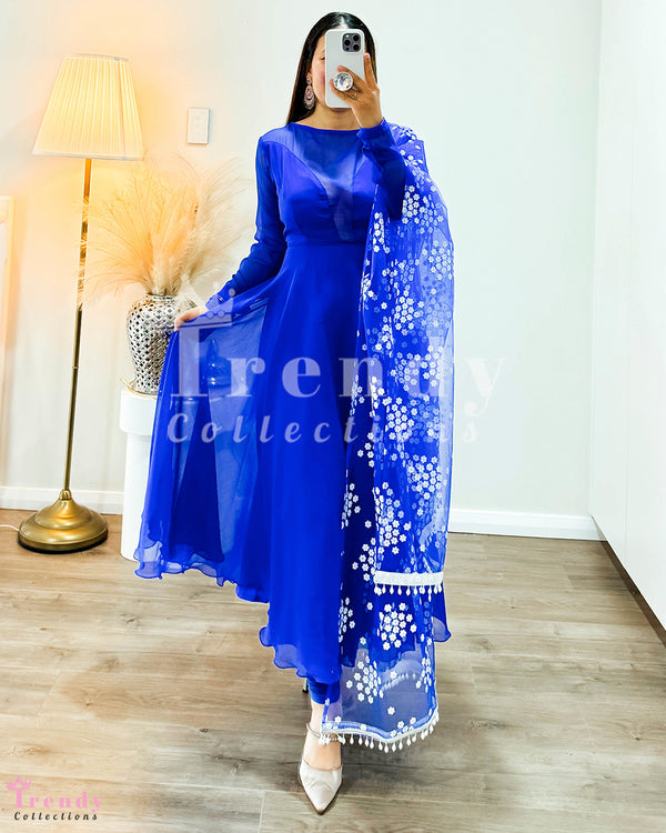 Georgette  Anarkali Set with  Heavy work Shawl -  Royal Blue (Sizes 38 - 40)