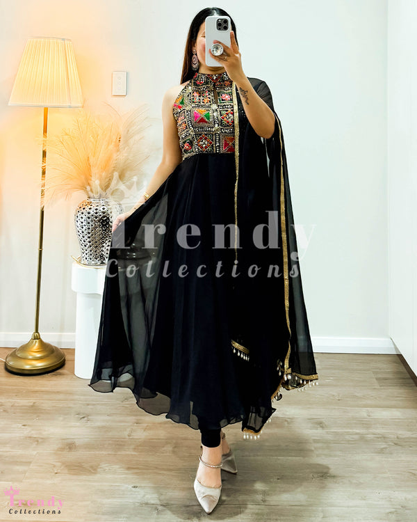 Black Anarkali Set with Multicolour Thread & Sequin Work (Sizes 30 - 36)