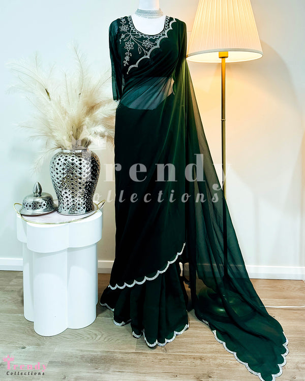 Saree Set with Stone Work in Dark Green (Sizes 34 - 40 available)