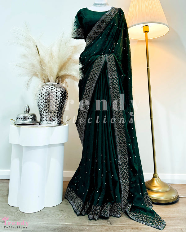 Trendy Saree Set With Swarovski Work in Dark Green (Sizes 32 - 38  available)