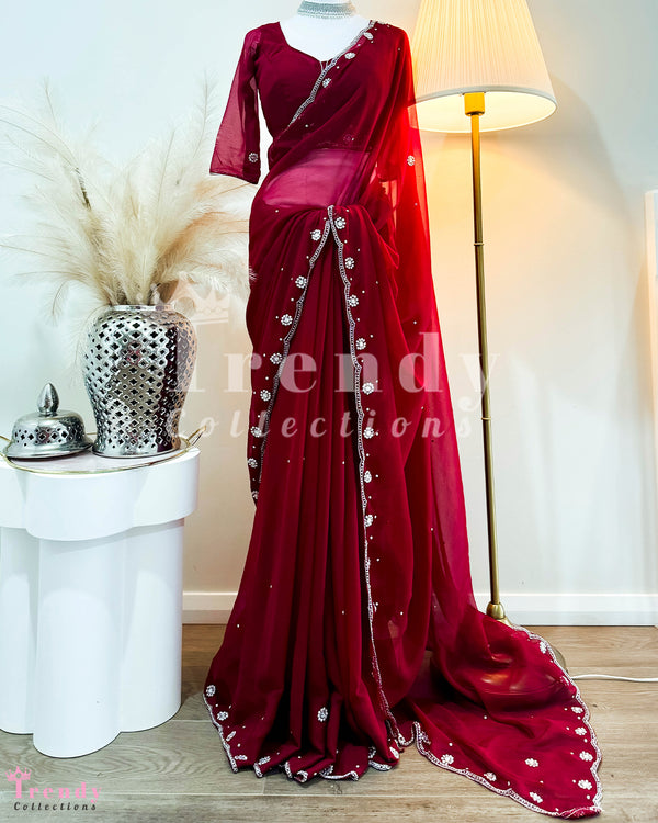 Trendy Saree Set With Beads Work in Maroon (Sizes 34 - 40  available)