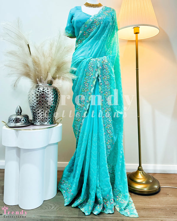 Soft Georgette Saree Set With Heavy Thread & Sequin Work in Aqua Blue (Sizes 32 - 40 available)