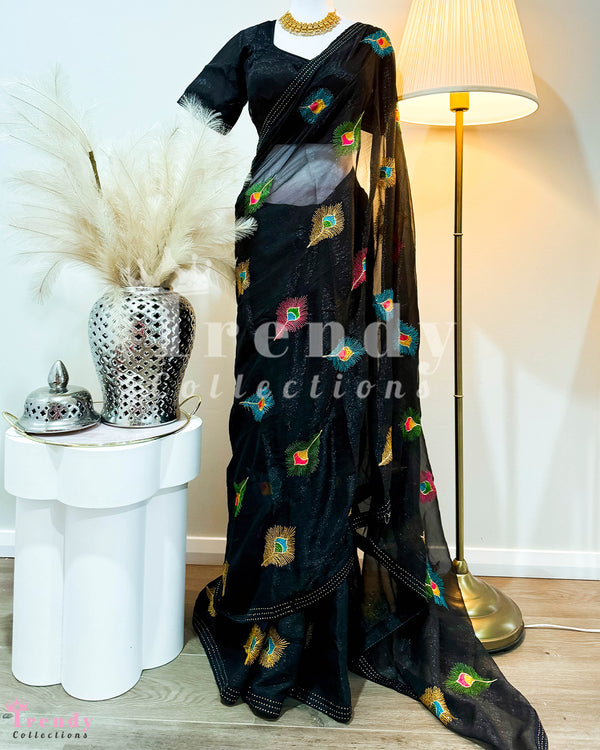 Saree Set with Peacock Feather Style Work in Black (Sizes 32 - 38 available)