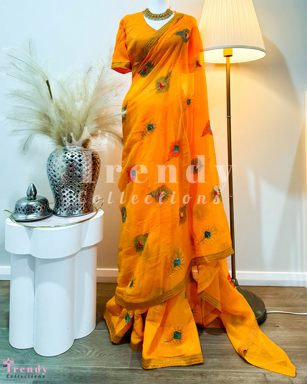 Saree Set with Peacock Feather Style Work in Yellow (Sizes 32 - 38 available)