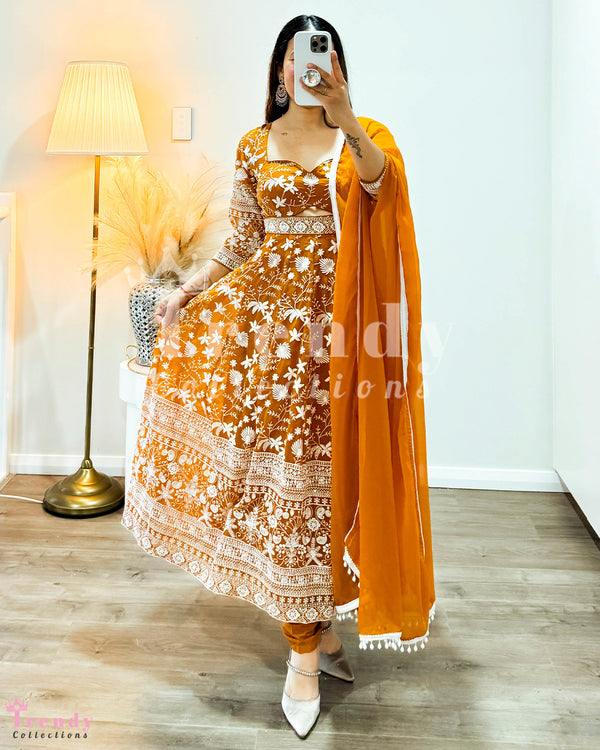 Trendy Anarkali Set with Heavy Thread & Sequin Work in Mustard Yellow (Sizes 34- 42)