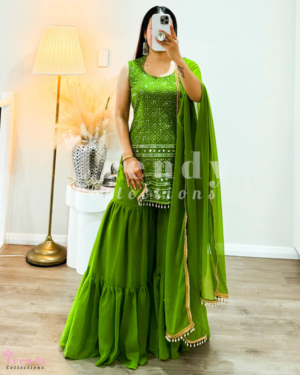 Nepali Designer Georgette Sarara Set With Sequin Work - Mehendi Green (Size 30 - 38 available)