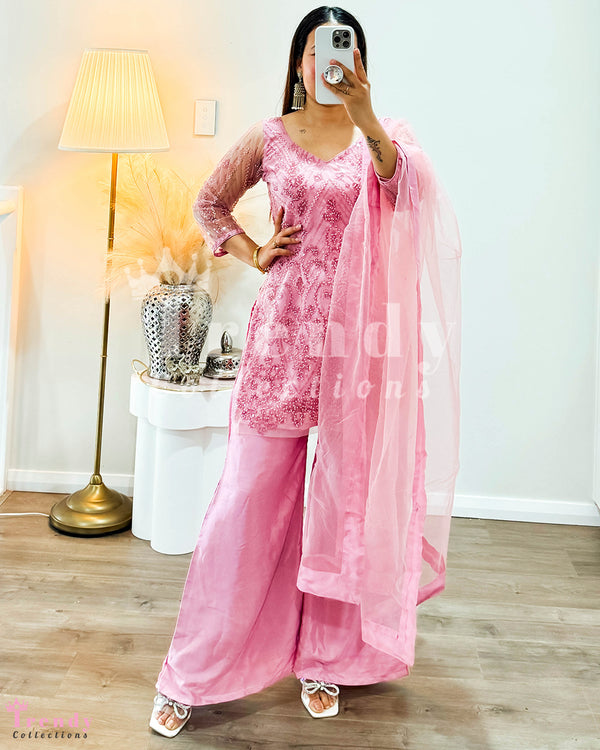 Nepali Designer Georgette Sarara Set With Beads &  Sequin Work - Dusky Pink (Size 36- 38 available)