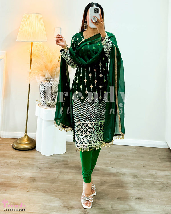 Deginer Georgette Kurtha Set With Thread Work in Mehendi Green (Size 32 - 40)