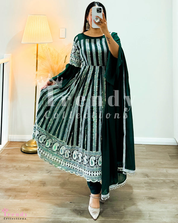 Trendy Anarkali Set with Stylish Sleeves,  Heavy Thread & Sequin Work   in Sea Green (Sizes 32 - 42)