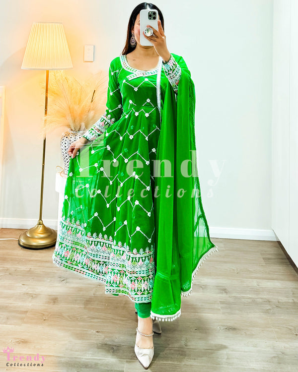 Georgette Anarkali Set with  Thread & Sequin Work in Slime Green (Sizes 32 - 40)