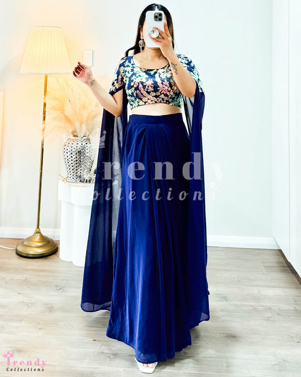 Georgette Lehenga Set with Attached Shawl on Sleeves in Navy Blue (Sizes 36 - 38)