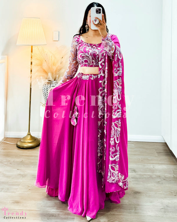 Georgette Lehenga Set with Heavy Beads & Sequin Embroidery in Magenta Colour (Sizes 38-40)