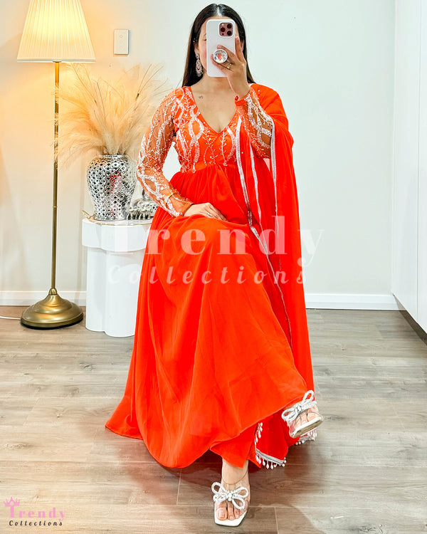 Soft Georgette Designer Anarkali Set with Heavy Beads & Sequin Work on Net - Orange Colour ( Size 38- 42available)