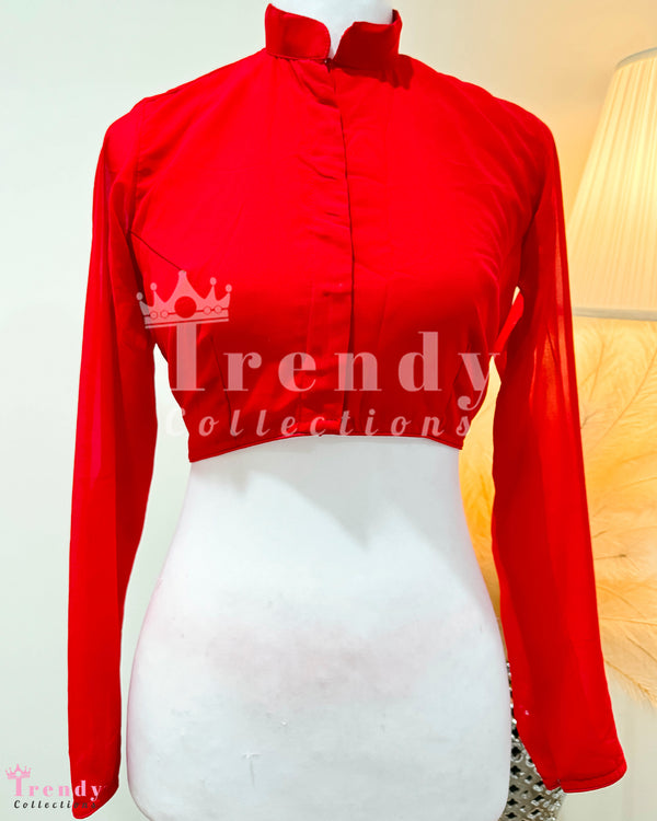 Designer Georgette High Neck Fullsleeve Blouse in Red  (Sizes 34 - 44available)