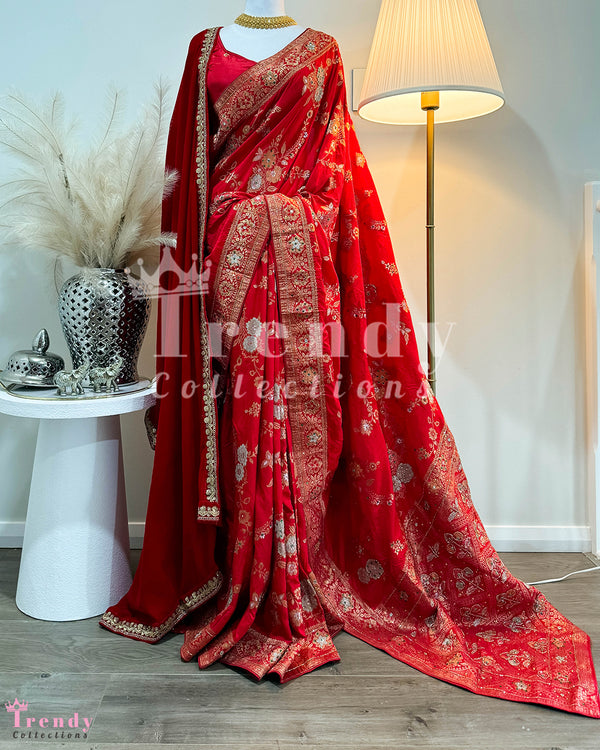 Soft Dola Silk 3 Piece Saree Set with Stone Work in Red (Sizes 34- 44 available)