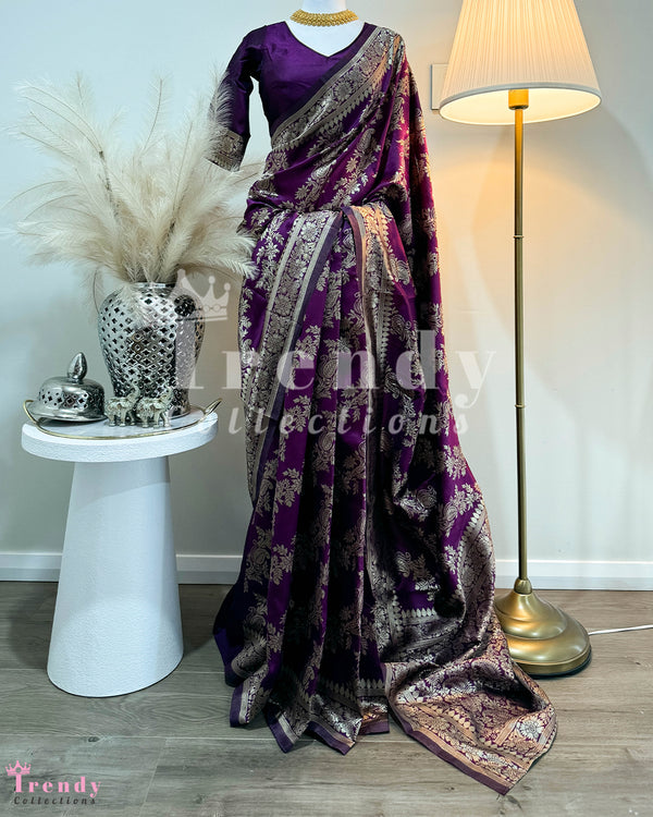 Soft Dola Silk 3 Piece Saree Set in Dark Purple (Sizes 34- 38 available)