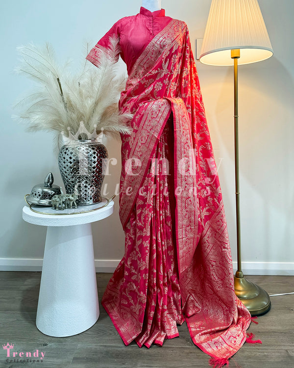 Dola Silk 3 Piece Saree Set in Peach Pink (Sizes 36 - 44 available)