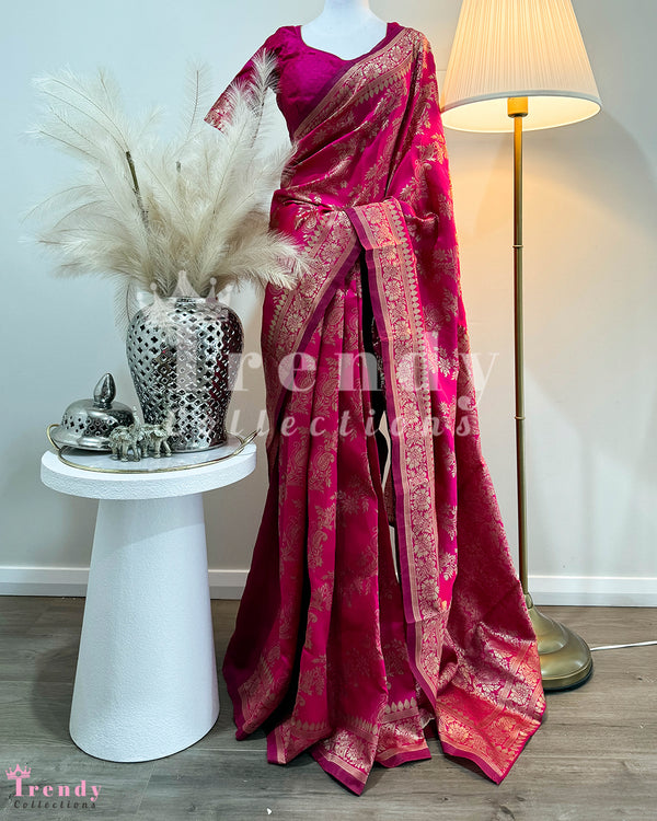 Dola Silk 3 Piece Saree Set in Rani Pink (Sizes 36 - 44 available)