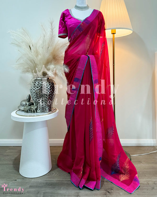 3 Piece Soft Saree Set with Foliage Brush Print & Stone work in Magenta Colour (Sizes 32 - 38 available)