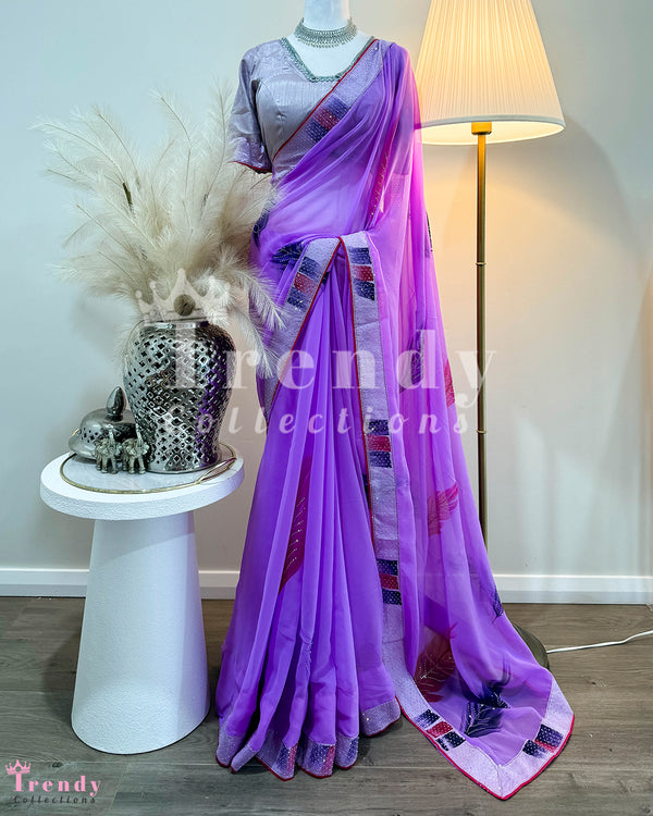 3 Piece Soft Saree Set with Foliage Brush Print & Stone work in Purple (Sizes 34 - 40 available)