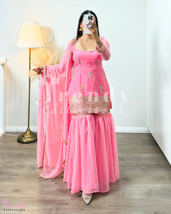 Georgette Sarara Set With Zari & Sequin Work in Baby Pink (Size 34 - 40 available)