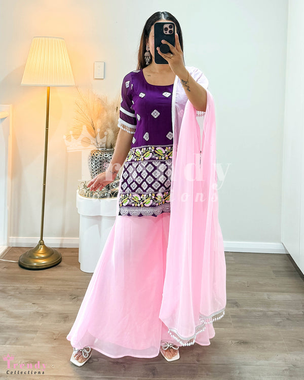 Designer 3 Piece Georgette Sarara Set With Thread & Sequin Work in Purple & Pink (Size 32 - 40 available)