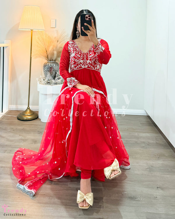 Soft Georgette Anarkali Set with Handworked Beads - Red ( Sizes 36 to 44 available)